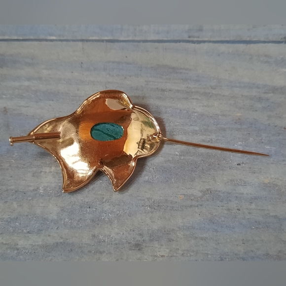 Vintage 18K Brushed Yellow Gold Custom Abstract Leaf Design Turquoise Brooch - Picture 12 of 16